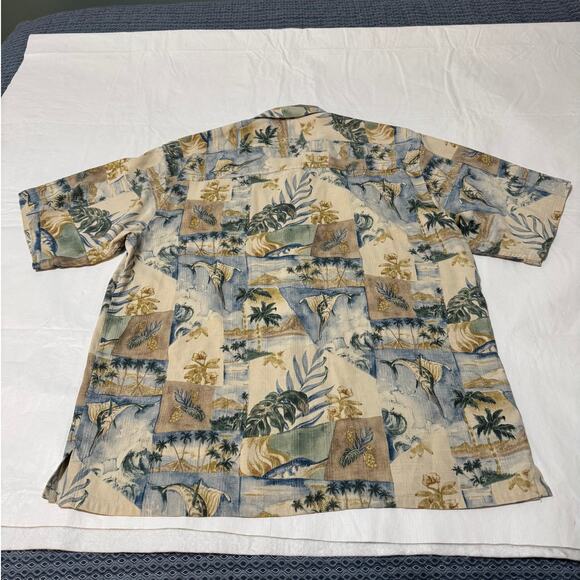 Cafe Havana Mens Size Large 100% Silk Hawaiian Shirt Swordfish Palm Trees Island - Picture 3 of 10